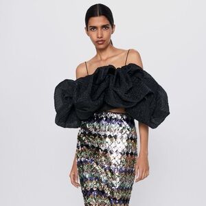 ZARA Black Textured Ruffle Crop Top Spaghetti Straps